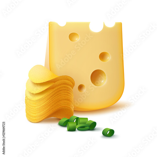 Potato Crispy Chips Stack with Cheese and Onion Close up Isolated on White Background