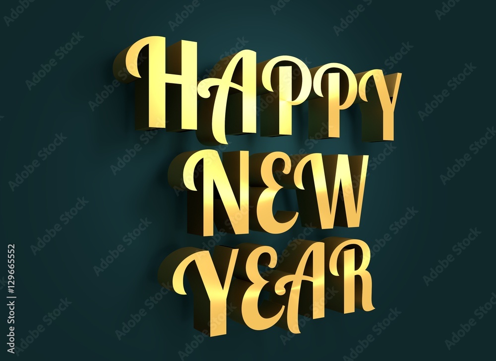 New Year and Christmas relative illustration. Happy New Year text. Golden metal material. 3D rendering