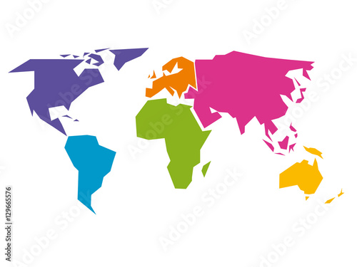 Simplified world map divided to six continents - South America, North America, Africa, Europe, Asia and Australia - in different colors. Simple flat vector illustration.