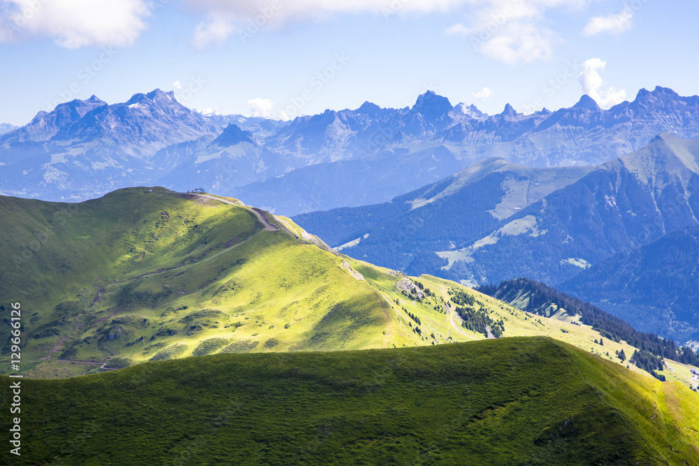 Fototapeta premium Bucolic green summer alpine landscape, Swiss Alps mountain massif, canton du Valais, Switzerland