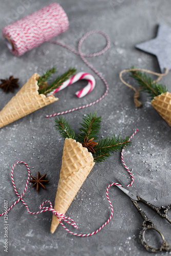 Christmas ice cream cones on a gray background