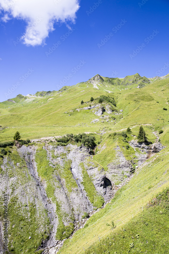Fototapeta premium Bucolic green summer alpine landscape, Swiss Alps mountain massif, canton du Valais, Switzerland
