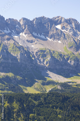 Green alpine landscape in summer, view over Swiss Alps mountain massif, Canton du Valais, Switzerland