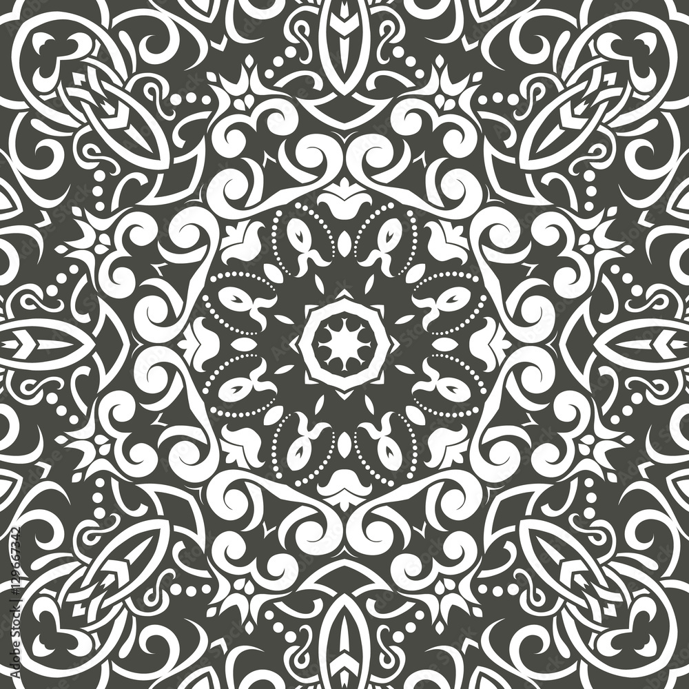 Mandala seamless floral pattern with flowers and leaves. Coloring, white and black. Seamless pattern. Doodle lace mandala. Vector illustration.