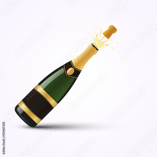 Realistic champagne bottle with gold foil and splash, isolated on white background