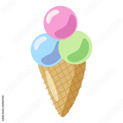 Ice cream in a waffle cone. The frozen dessert of three balls cones. Children's stylized illustration of sweets.