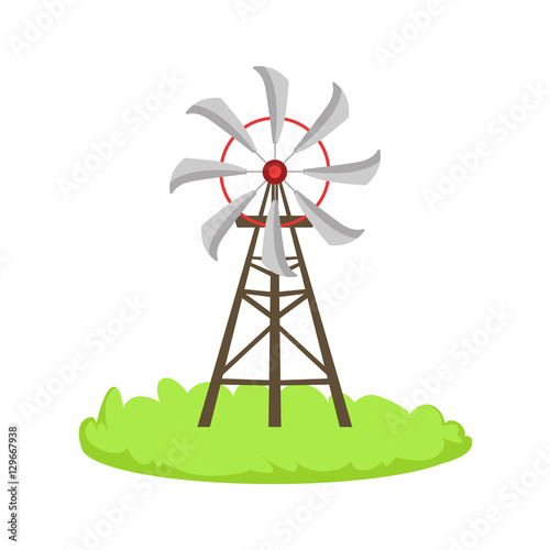 Energy Windmill Structure Cartoon Farm Related Element On Patch Of Green Grass