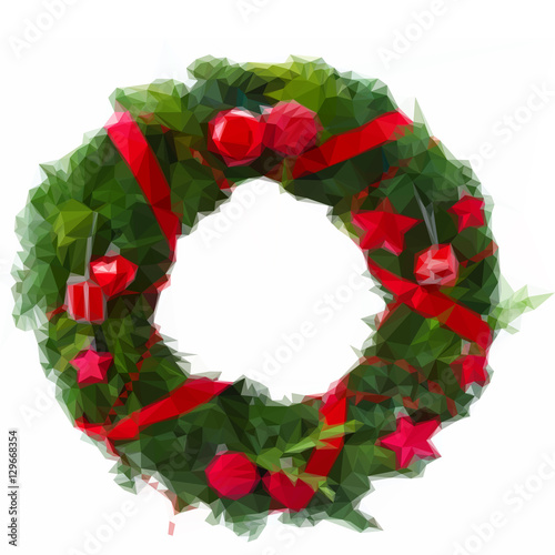 Low poly illustration green christmas wreath with red decorations on white background