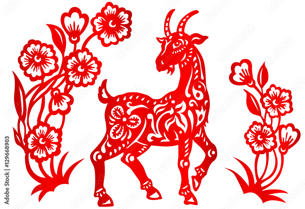 Fototapeta Znak zodiaku na rok kozła, chińskiej tradycyjnej sztuki cięcia papieru