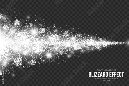 Snow Blizzard Effect on Transparent Background Vector Illustration. Abstract bright white shimmer glowing scatter falling round particles, lights and snowflakes