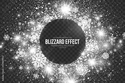 Snow Blizzard Effect on Transparent Background Vector Illustration. Abstract bright white shimmer glowing scatter falling round particles, lights and snowflakes