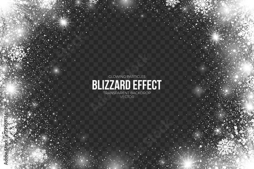 Snow Blizzard Effect on Transparent Background Vector Illustration. Abstract bright white shimmer glowing scatter falling round particles, lights and snowflakes photo