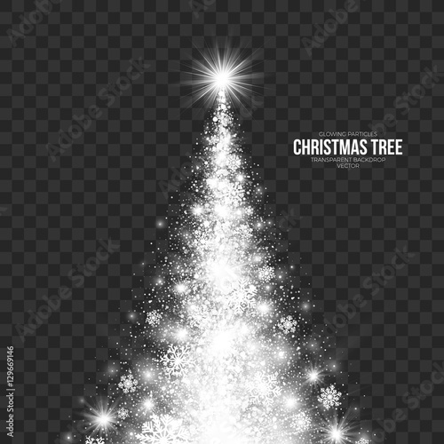 Stylized Christmas Tree on Transparent Background Vector Illustration. Abstract bright white shimmer glowing scatter falling round particles, lights and snowflakes