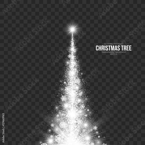 Stylized Christmas Tree on Transparent Background Vector Illustration. Abstract bright white shimmer glowing scatter falling round particles, lights and snowflakes