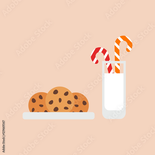 Oatmeal cookies with chocolate chips, milk and candy. Treats for Santa. Vector.