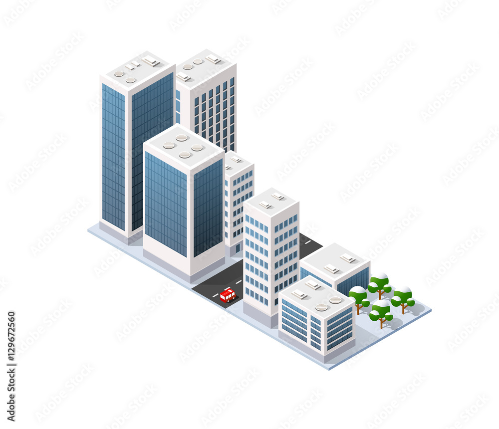 Isometric set 3D city three-dimensional winter town quarter. Skyscrapers, apartment, office, houses and streets with urban traffic movement of the car with trees and nature Isometric set 3D city three-dimensional winter town quarter. Skyscrapers, apartment, office, houses and streets with urban traffic movement of the car with trees and nature