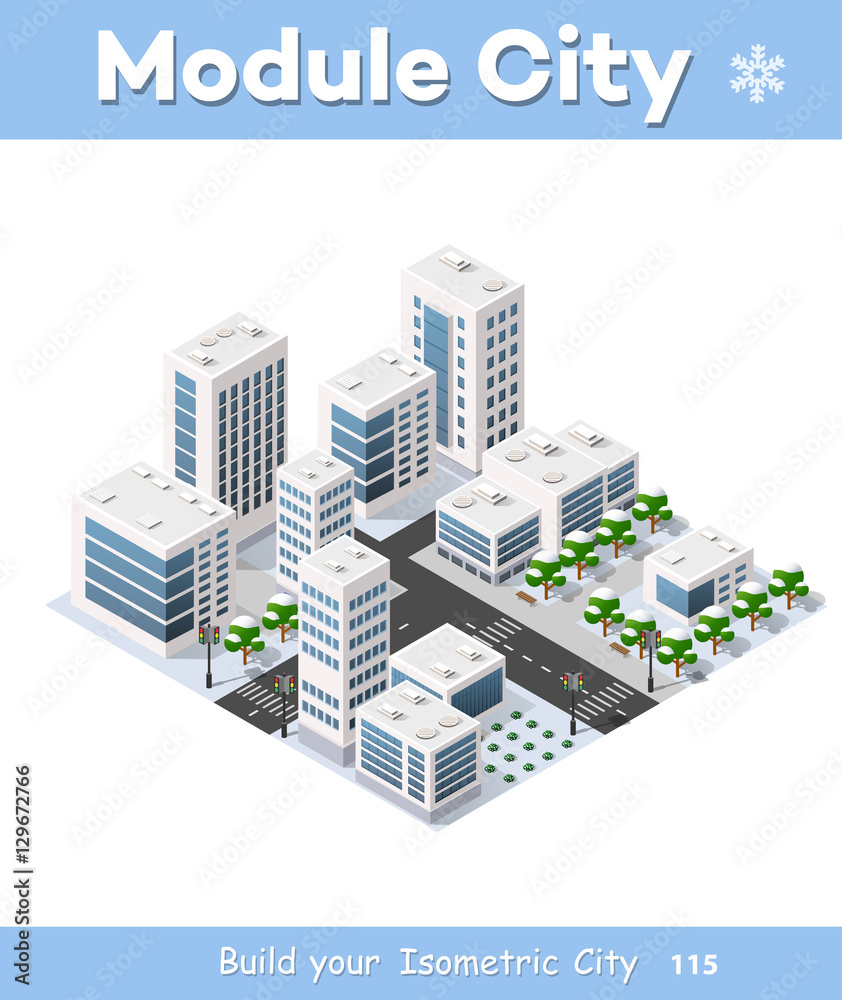 Isometric set 3D city three-dimensional winter town quarter. Skyscrapers, apartment, office, houses and streets with urban traffic movement of the car with trees and nature Isometric set 3D city three-dimensional winter town quarter. Skyscrapers, apartment, office, houses and streets with urban traffic movement of the car with trees and nature
