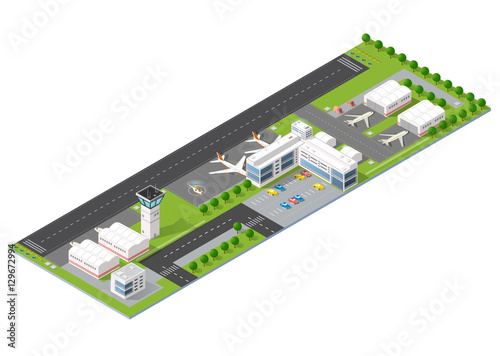 Isometric 3D city airport with transport aircraft and the runway. Skyscrapers, houses and streets with urban traffic movement of the car with trees and nature