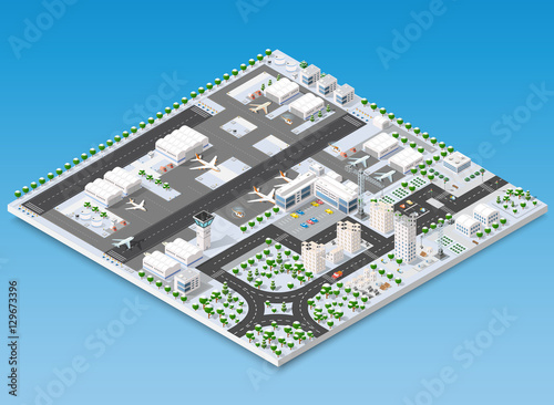 Isometric 3D airstrip of the city international airport terminal and the plane transportation and airplane runway, aircraft jet. Urban transport and building construction. Roads, trees and paths.