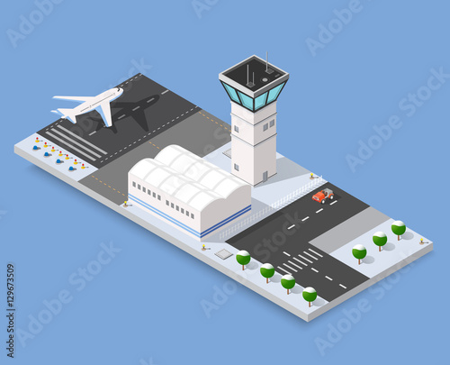 Isometric 3D airstrip of the city international airport terminal and the plane transportation and airplane runway, aircraft jet. Urban transport and building construction. Roads, trees and paths.