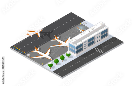 Isometric 3D airstrip of the city international airport terminal and the plane transportation and airplane runway, aircraft jet. Urban transport and building construction. Roads, trees and paths.