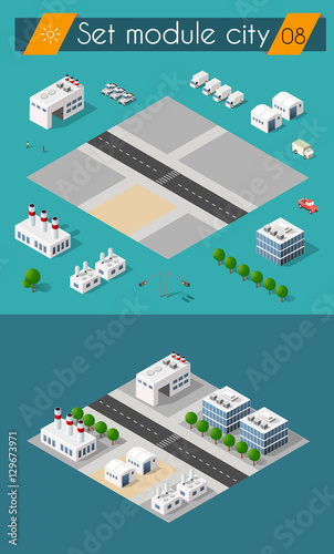 Set for design 3d cityscape city street public house on top of a block intersection of Highway Transportation street. Isometric view of skyscraper office buildings 