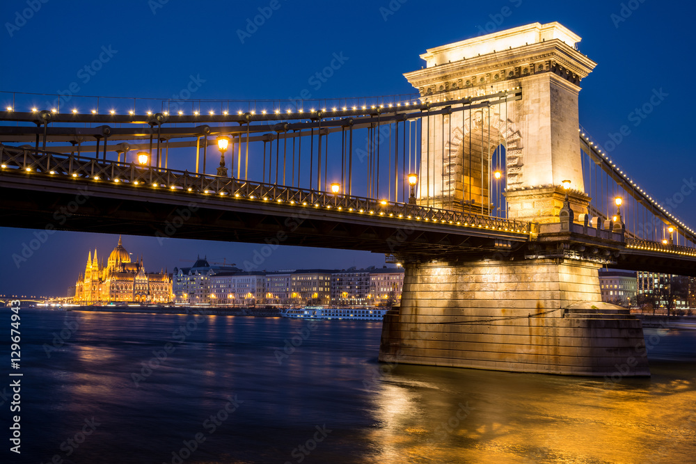 views to chain bridge and parlament, icons of budapest, hungary