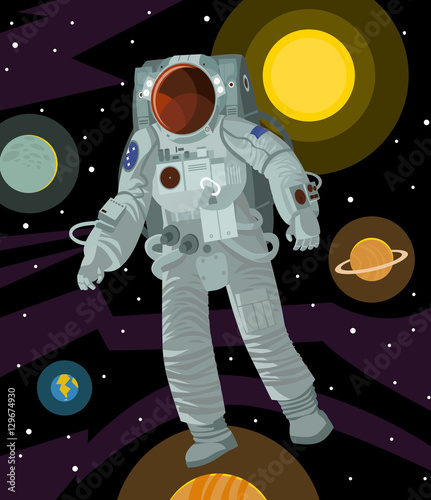 astronaut floating in the space near planets from solar system and sun
