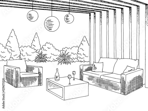 Patio garden graphic black white sketch illustration vector