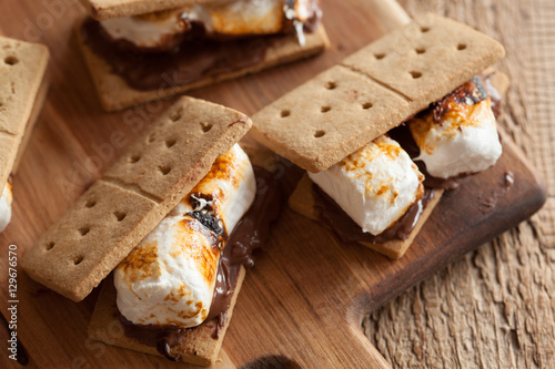 homemade marshmallow s'mores with chocolate on crackers photo