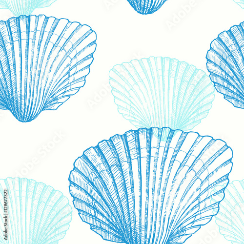 Seashell.  Hand drawn marine graphic illustration. Vector seamless pattern