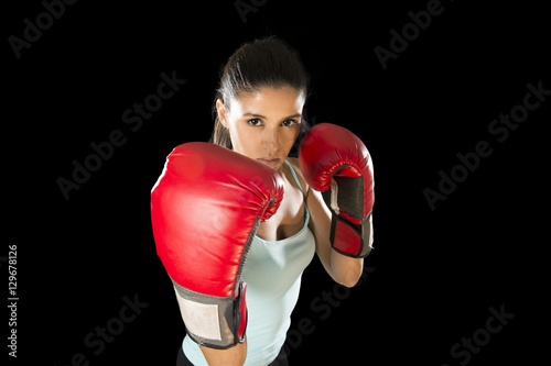  fitness woman with girl red boxing gloves posing in defiant and competitive fight attitude