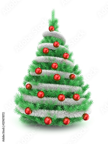 3d illustration of Christmas tree over white background with tinslel and red balls