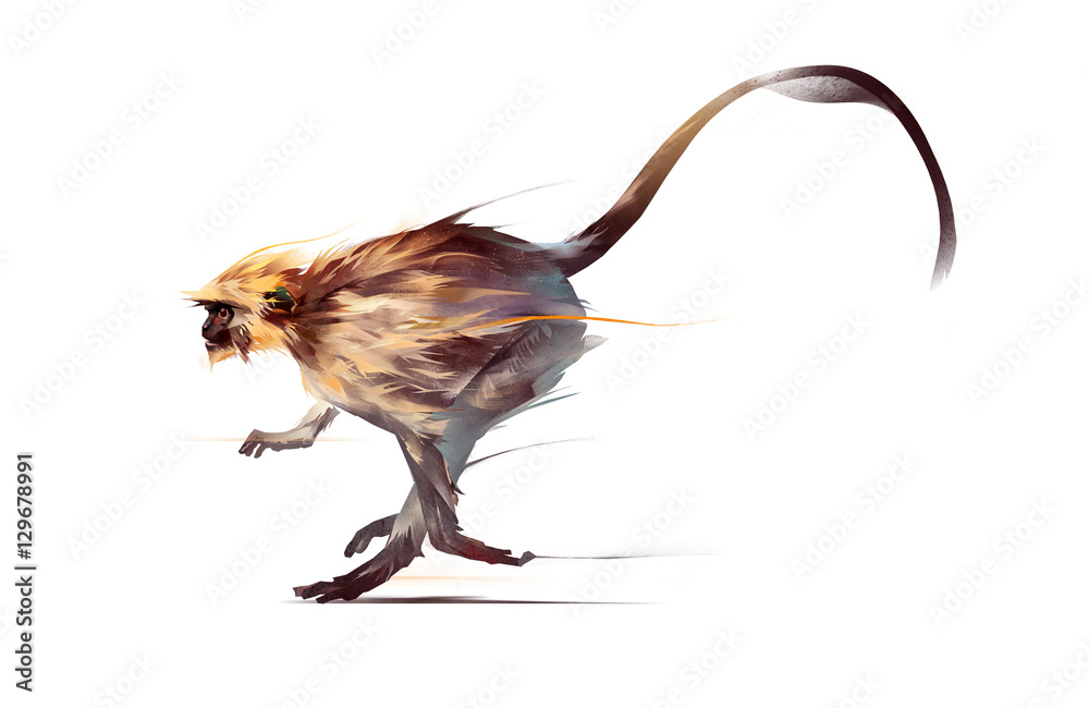 Naklejka premium malowana małpa biegająca na białym tle