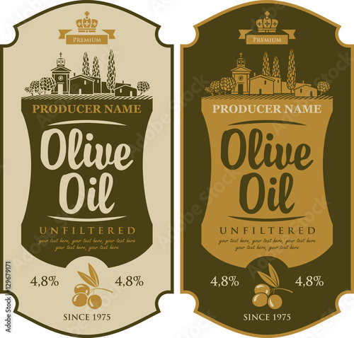vector set label for olive oil and Italian countryside landscape