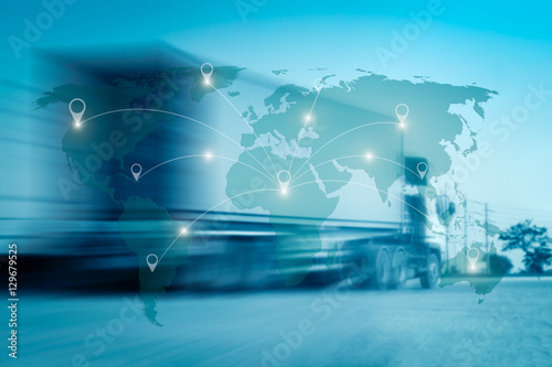 World international map connection connect network with blurred distribution logistic cargo warehouse background photo