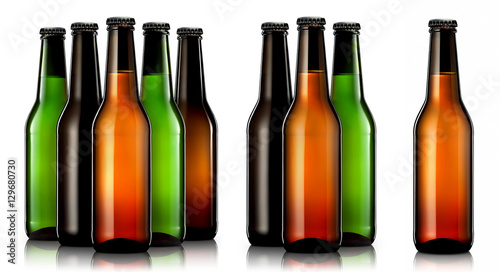 Set of beer bottles isolated on white background.