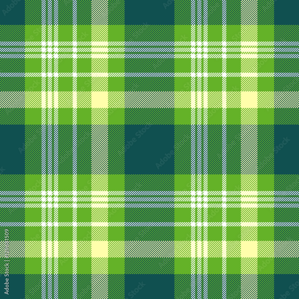 Seamless tartan plaid pattern. Checkered fabric texture print in teal green,  yellow & white stripes on bright lawn green background. Stock Vector