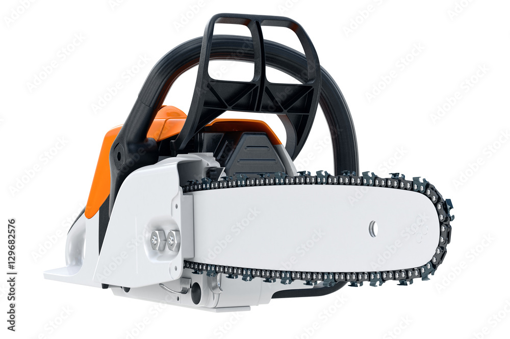 Naklejka premium Chainsaw gasoline industry cutter with sharp chain. 3D rendering