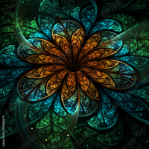 Sparkling nature-themed fractal flower, digital artwork for creative graphic design