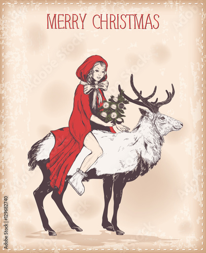Vector Vintage Christmas card with girl in a red cloak on deer