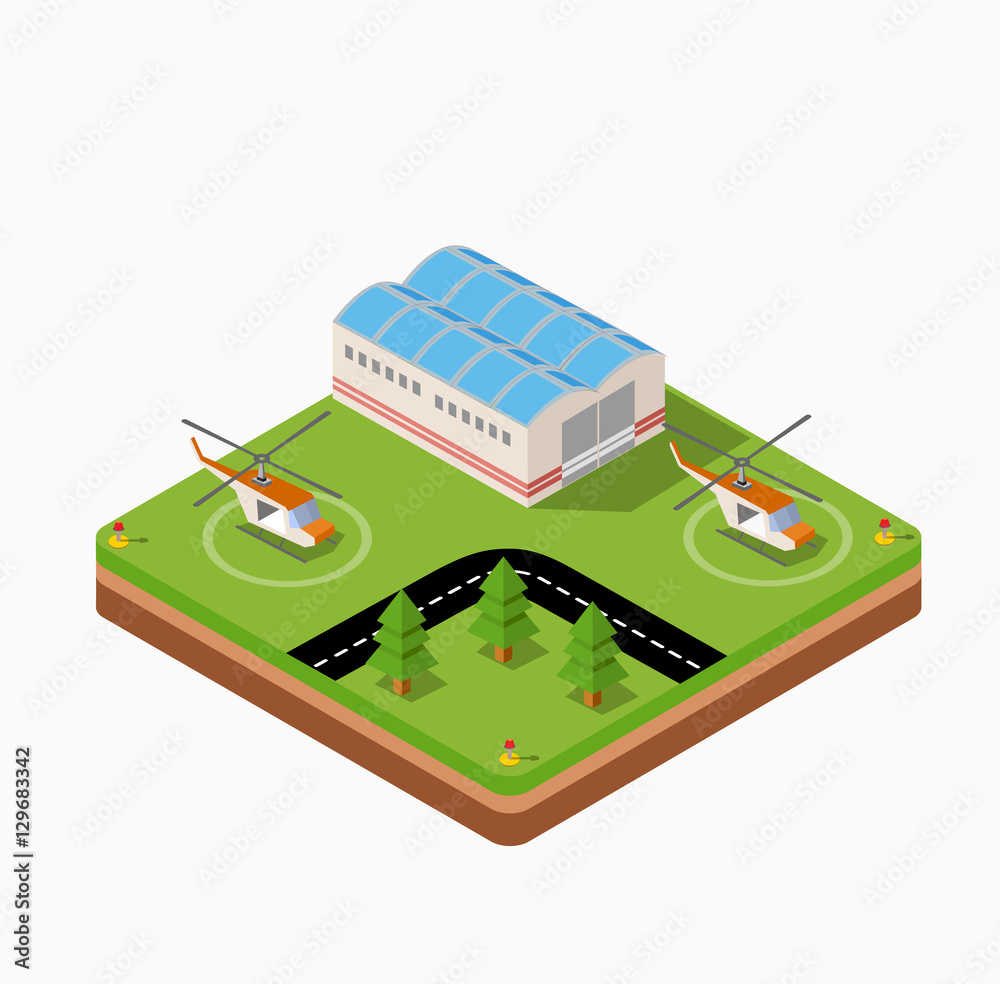 Isometric map of the airport of the city, trees and building and flying helicopters