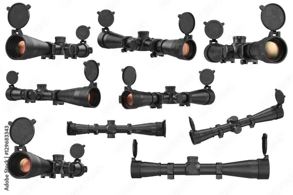 Scope optical sniper rifle black equipment, lens set. 3D rendering