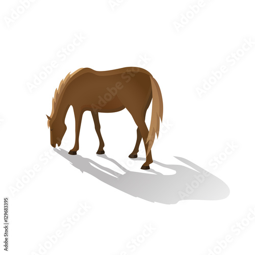  Brown grazing horse isolated image in a flat style. Vector.
