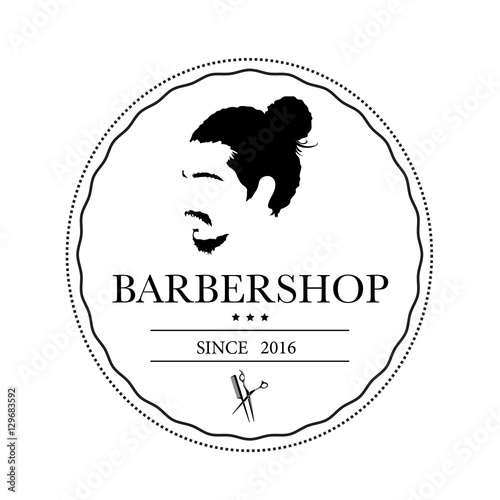 Logo for barbershop, hair salon with ponytailed hipster head. Vector Illustration