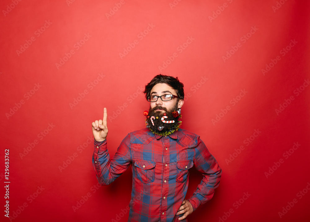 Man with long beard Pointing Upwards Man with long beard Pointing Upwards