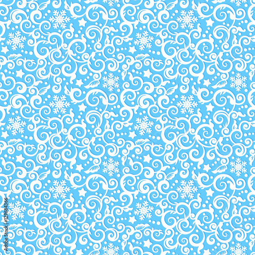 Seamless (easy to repeat) white and blue or winter holidays swirls and snowflakes pattern (background, wallpaper, swatch, print)