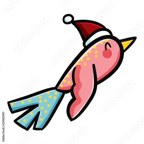 Cute pink bird with Santa's hat flying in Christmas - vector.