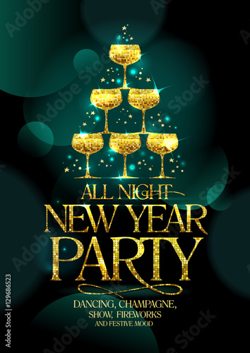 New Year party poster concept with golden stack of champagne glasses
