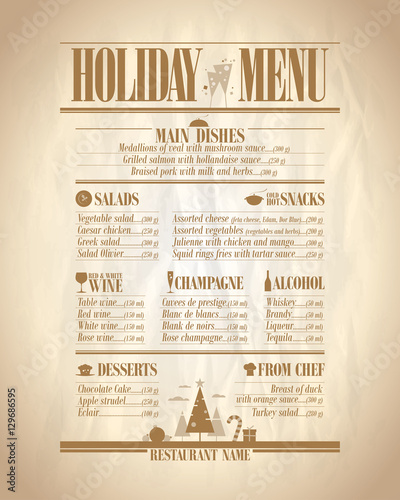 Holiday menu list with dishes and drinks